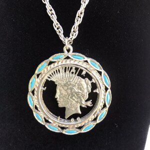 Vtg 1922 Peace Silver Dollar Liberty Turquoise Coin Pendant Necklace Native Amer